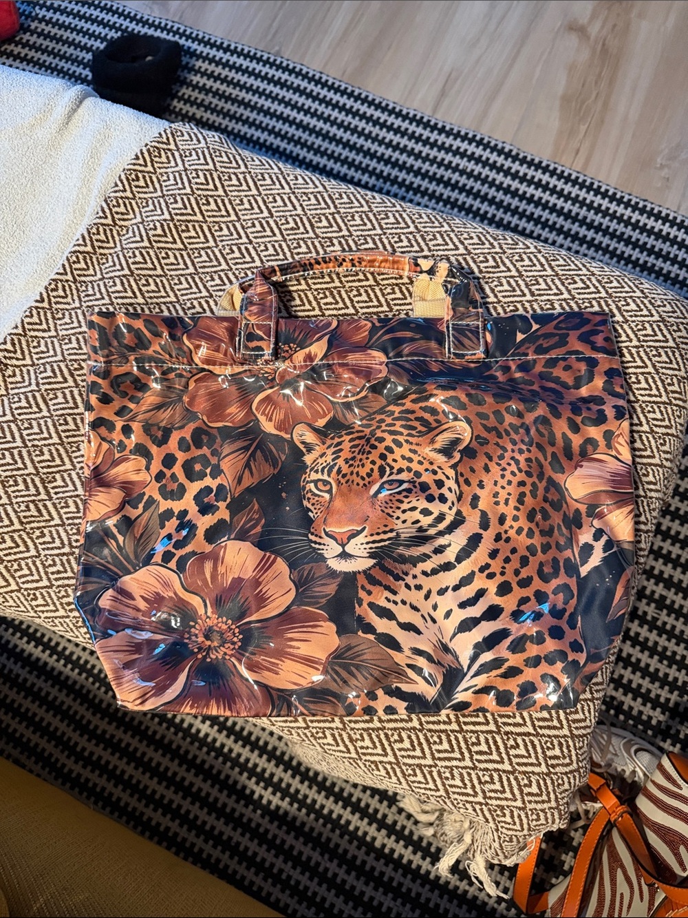 Leopard Floral Tote Bag in Brown and Black